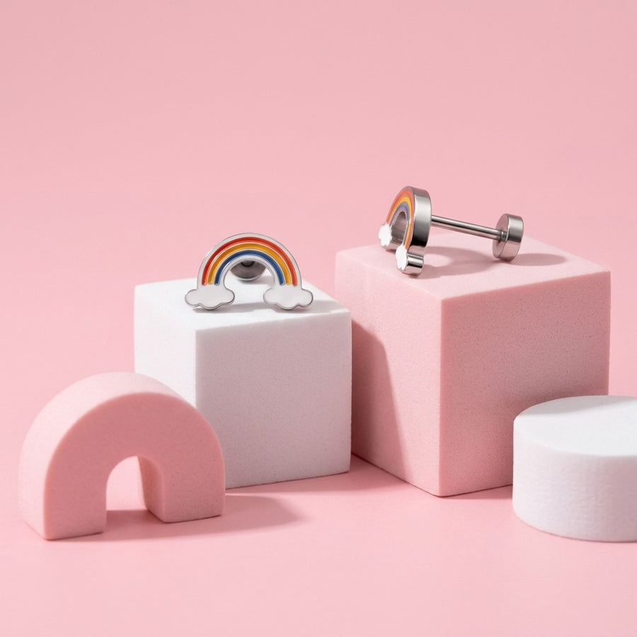 Rainbow Flat Back Studs Silver styled on pastel blocks, front and side view