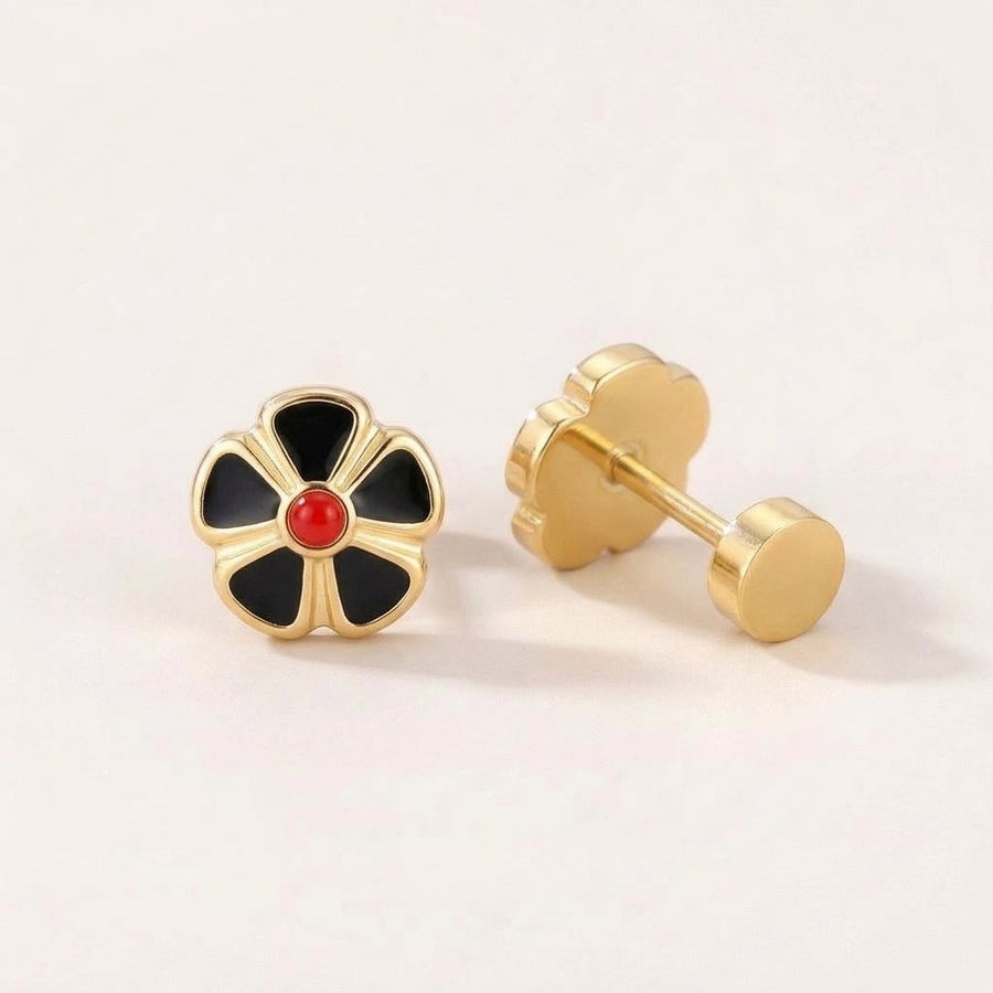 Petal Flower Flat Back Studs Gold in Black: hypoallergenic kids' flat back stud earrings, shown front and side on a soft stone background