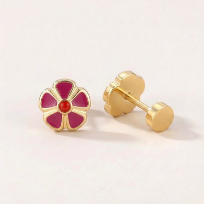 Petal Flower Flat Back Studs Gold in Dark Pink: hypoallergenic kids' flat back stud earrings, shown front and side on a soft stone background