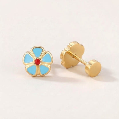 Petal Flower Flat Back Studs Gold in Light Blue: hypoallergenic kids' flat back stud earrings, shown front and side on a soft stone background