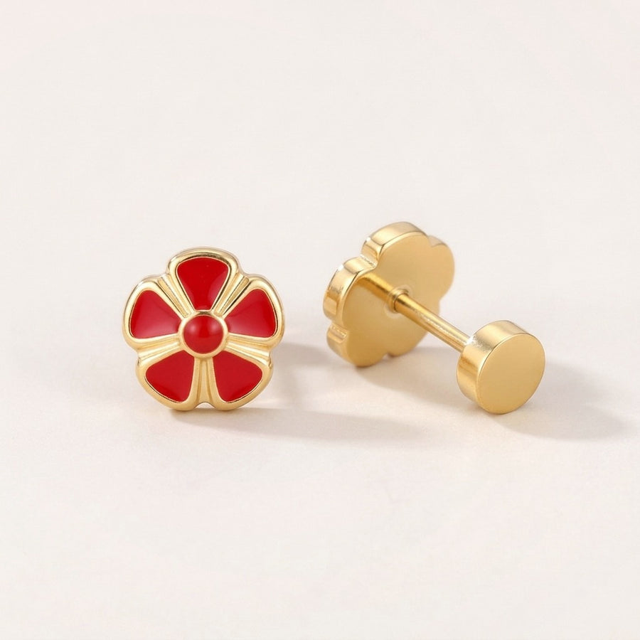 Petal Flower Flat Back Studs Gold in Red: hypoallergenic kids' flat back stud earrings, shown front and side on a soft stone background