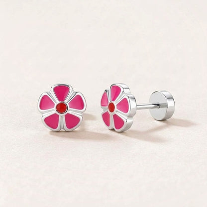 Petal Flower Flat Back Studs Silver in Dark Pink: hypoallergenic kids' flat back stud earrings, shown front and side on a soft stone background