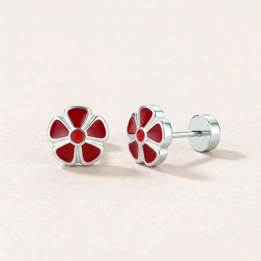 Petal Flower Flat Back Studs Silver in Red: hypoallergenic kids' flat back stud earrings, shown front and side on a soft stone background