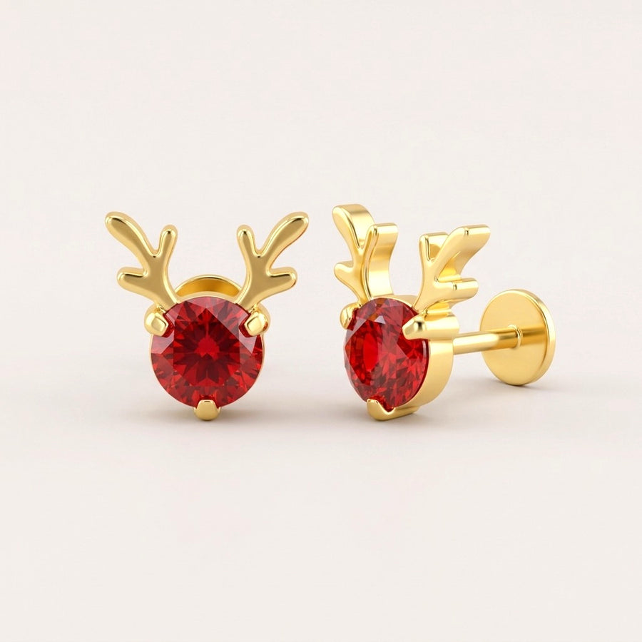 Ruby Reindeer Flat Back Studs: hypoallergenic kids' flat back stud earrings, shown front and side on a soft stone background