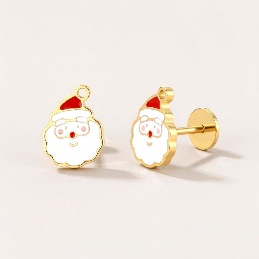 Santa Flat Back Studs: hypoallergenic kids' flat back stud earrings, shown front and side on a soft stone background