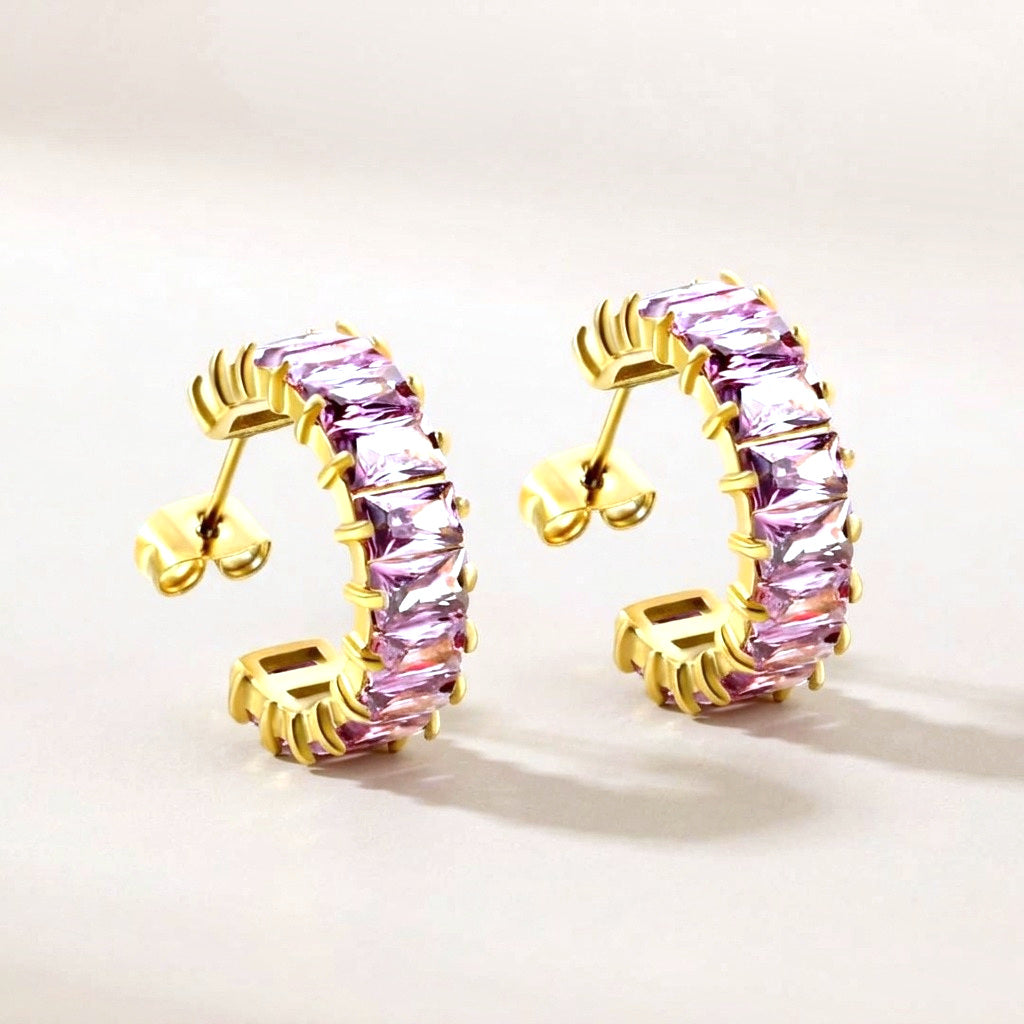 Sparkle Pop CZ Diamond Hoops Gold in Lilac: hypoallergenic hoop earrings, shown front and side on a soft stone background