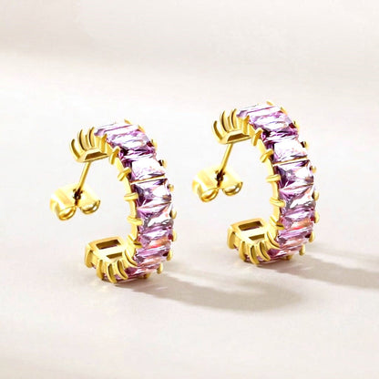 Sparkle Pop CZ Diamond Hoops Gold in Lilac: hypoallergenic hoop earrings, shown front and side on a soft stone background