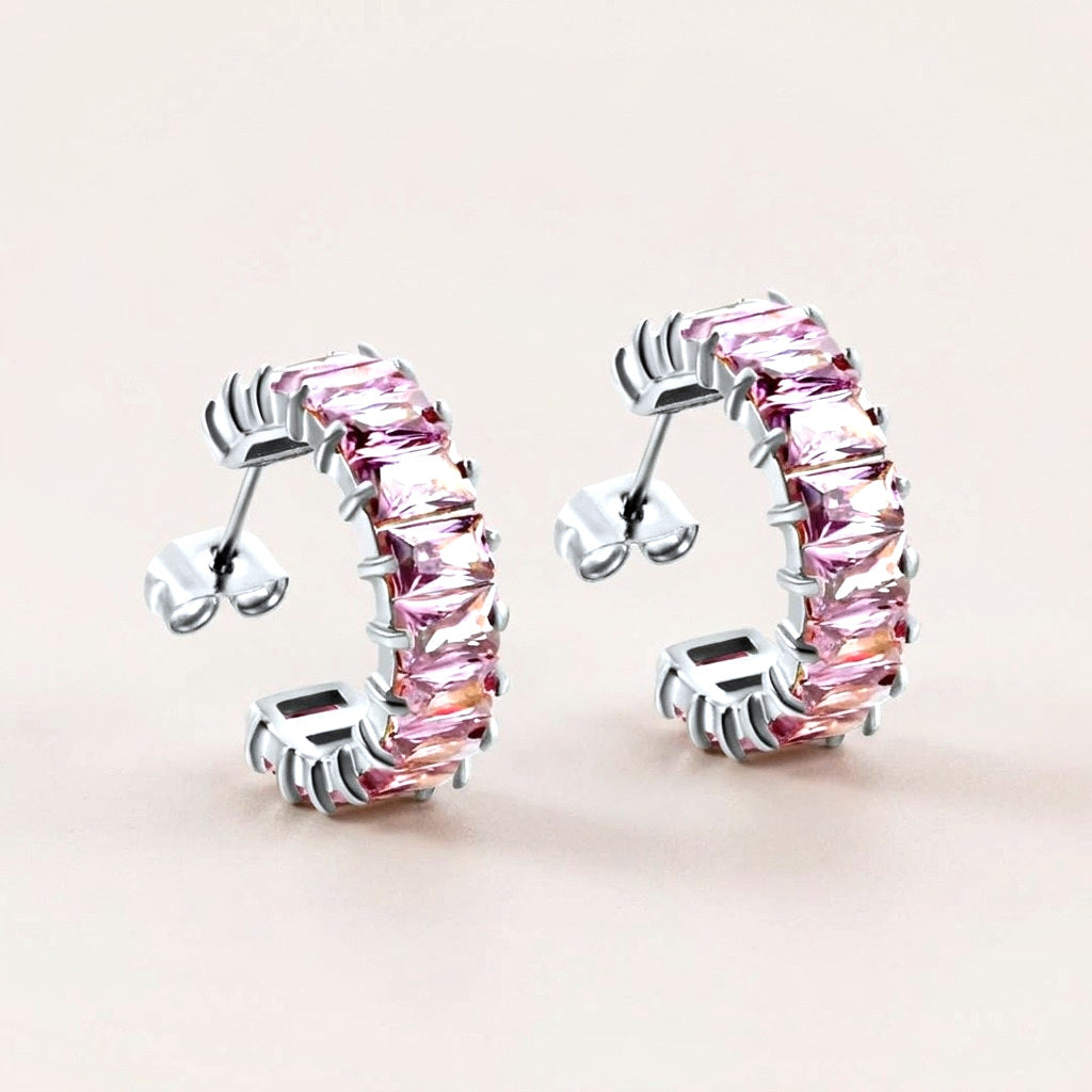 Sparkle Pop CZ Diamond Hoops Silver in Lilac: hypoallergenic hoop earrings, shown front and side on a soft stone background