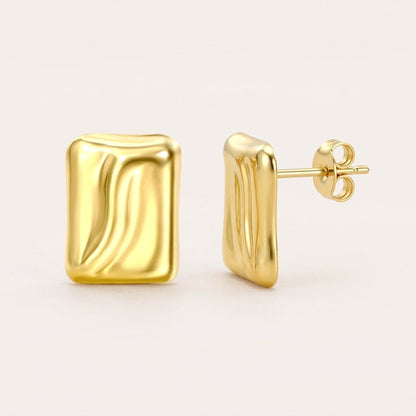 Square Wavy Studs: hypoallergenic stud earrings, shown front and side on a soft stone background