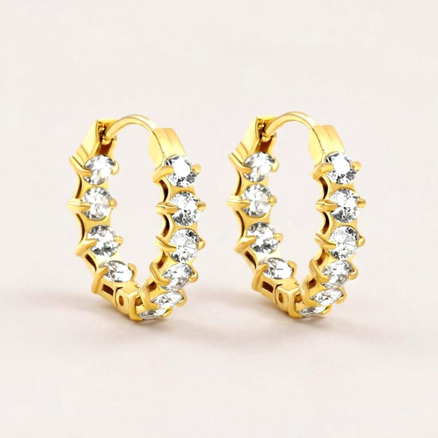 Starlight Spark CZ Diamond Hoops Gold: hypoallergenic hoop earrings, shown front and side on a soft stone background
