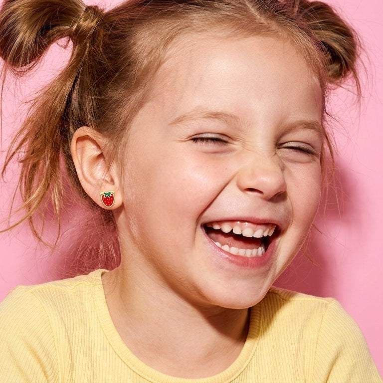 Strawberry Delight Flat Back Studs Gold worn by a laughing girl
