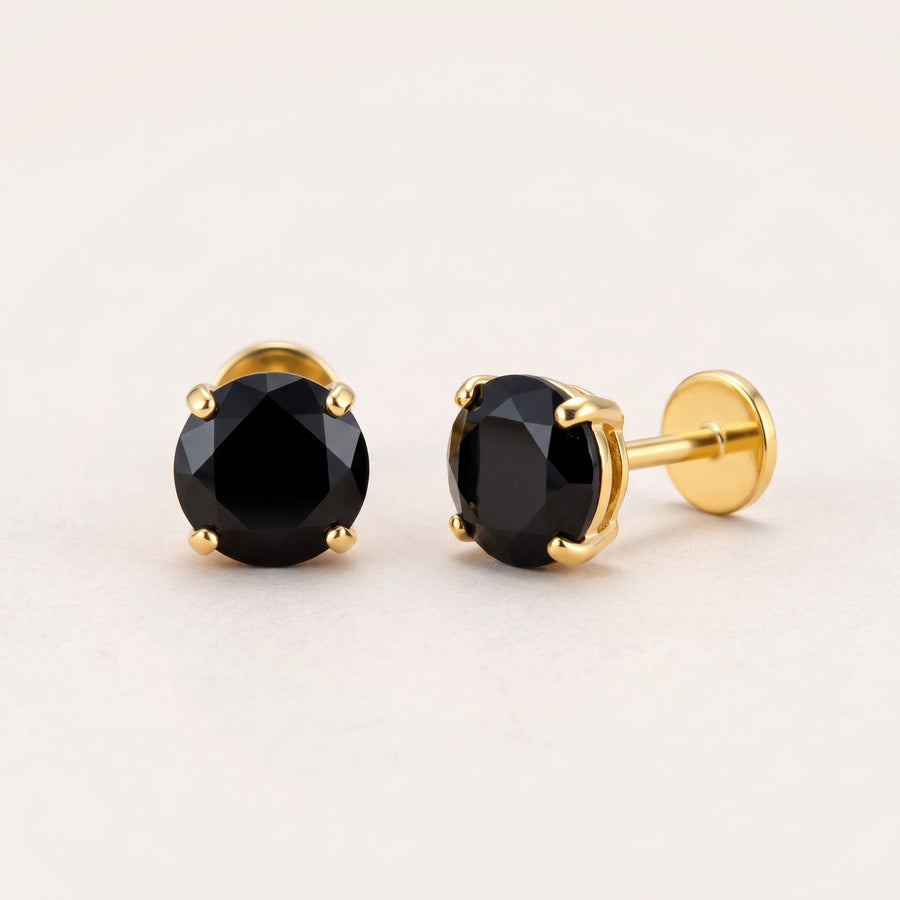 December birthstone earrings in gold: onyx colour flat back studs, front and side