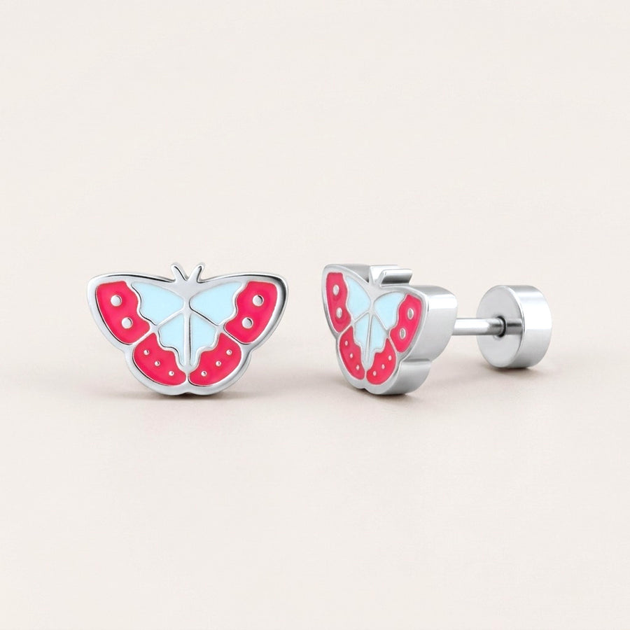 Vibrant Butterfly Flat Back Studs Silver: hypoallergenic kids' flat back stud earrings, shown front and side on a soft stone background