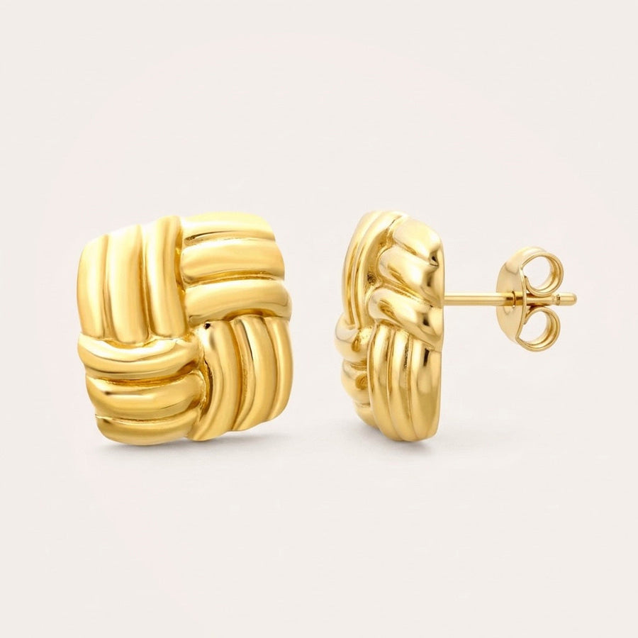Woven Knotted Studs: hypoallergenic stud earrings, shown front and side on a soft stone background