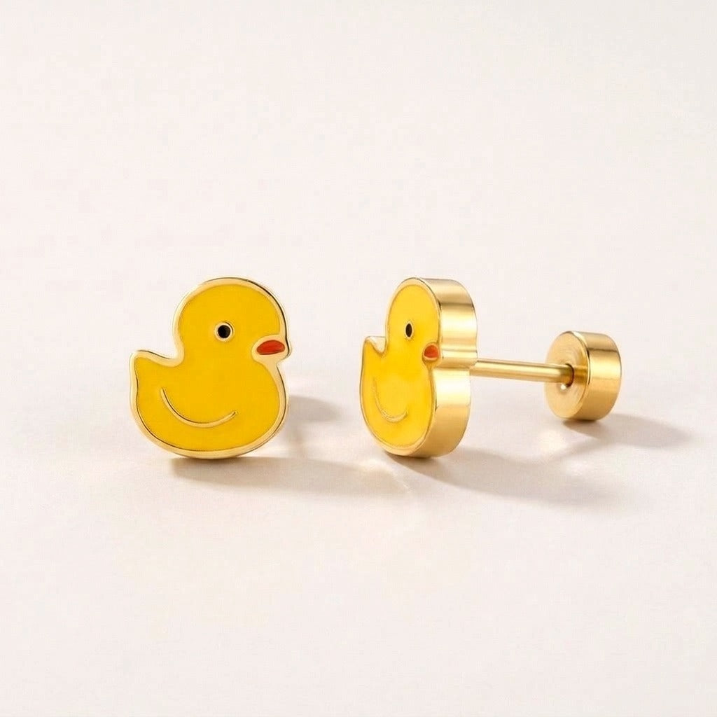 Ducky Flat Back Studs Gold: hypoallergenic kids' flat back stud earrings, shown front and side on a soft stone background