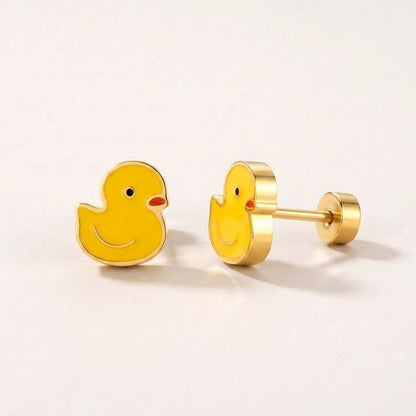 Ducky Flat Back Studs Gold: hypoallergenic kids' flat back stud earrings, shown front and side on a soft stone background