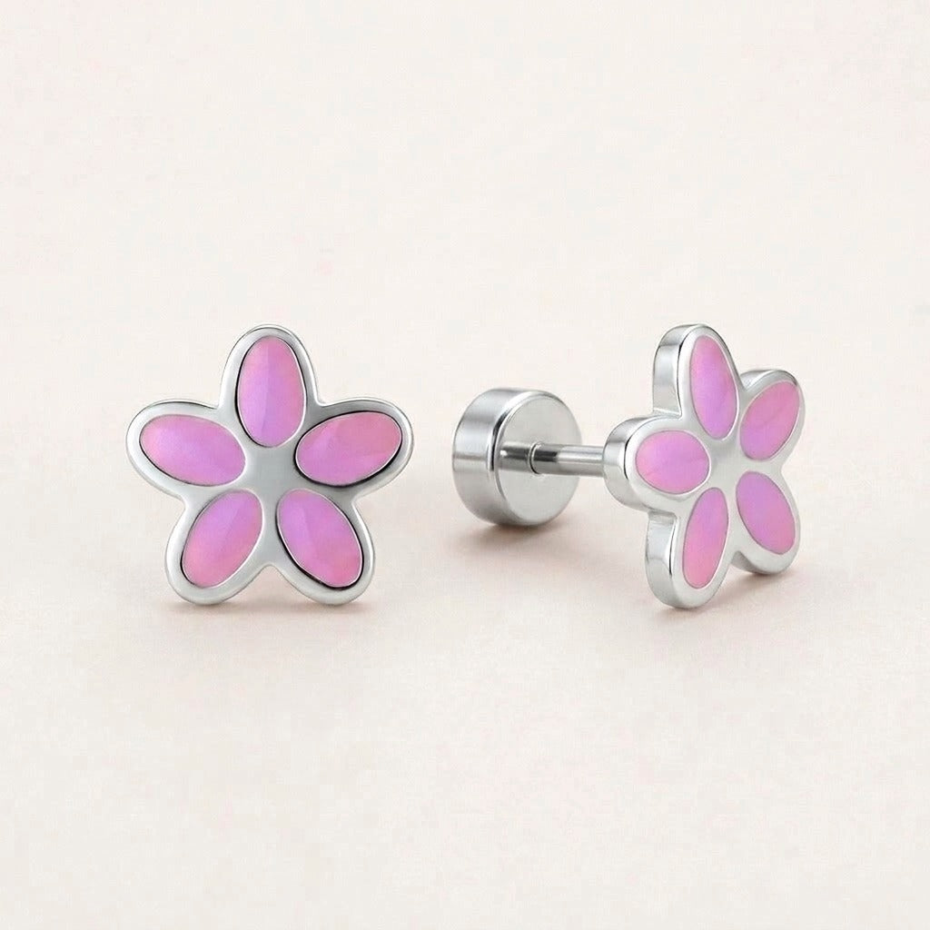 Flower Flat Back Studs Silver: hypoallergenic kids' flat back stud earrings, shown front and side on a soft stone background