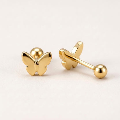 Flutter Screw Back Studs Gold: hypoallergenic kids' screw back stud earrings, shown front and side on a soft stone background