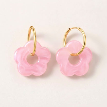 Frosted Bloom Hoops Pink: hypoallergenic kids' hoop earrings, shown front and side on a soft stone background