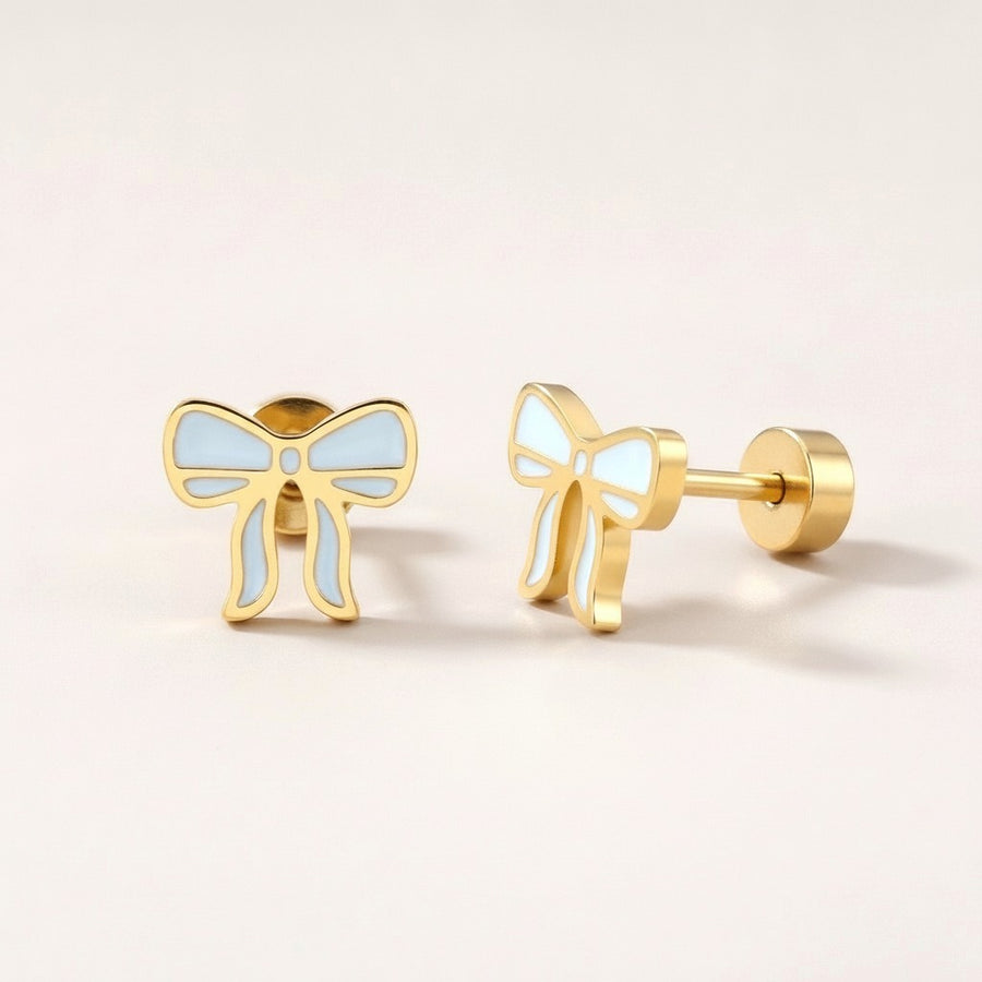 Frosted Bow Flat Back Studs: hypoallergenic kids' flat back stud earrings, shown front and side on a soft stone background