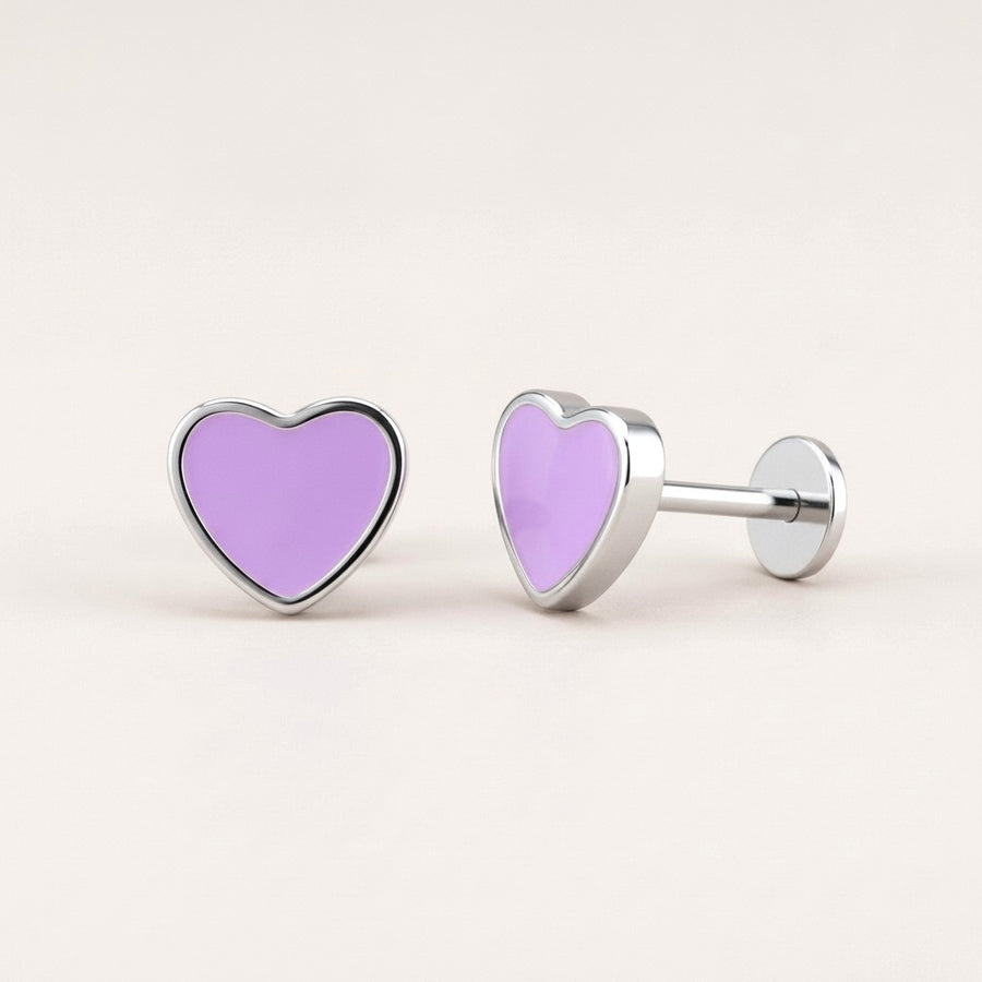 Love Heart Flat Back Studs Silver: hypoallergenic kids' flat back stud earrings, shown front and side on a soft stone background
