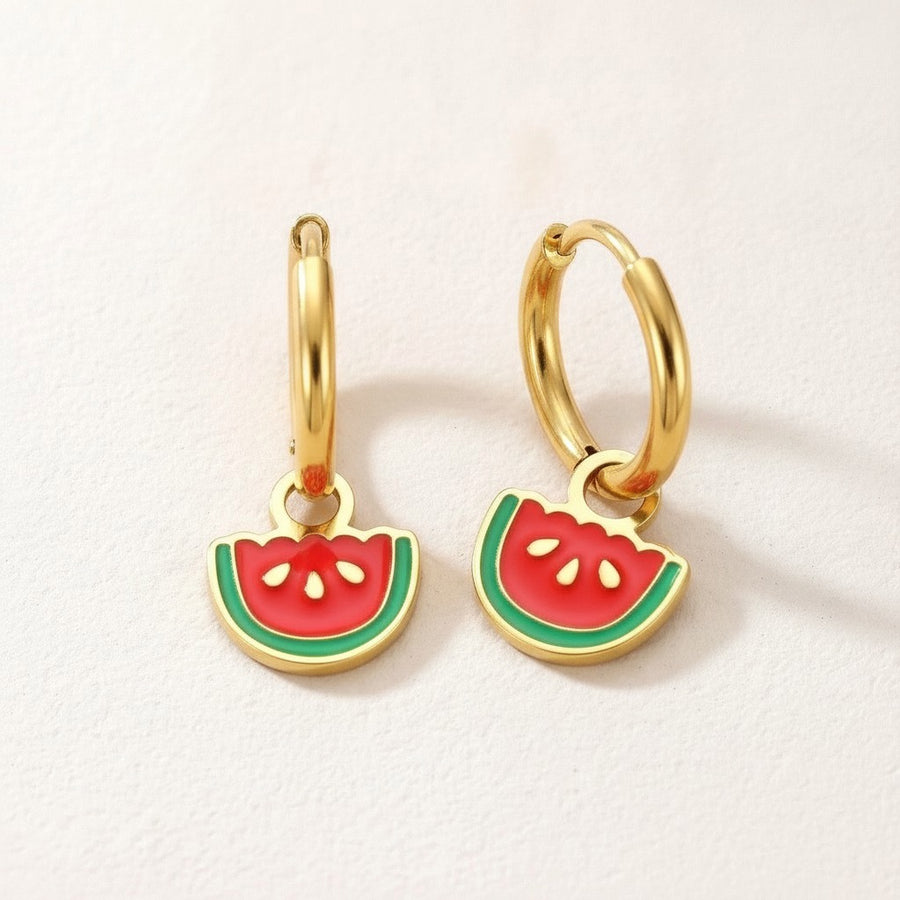 Melon Pop Huggies: hypoallergenic kids' huggie hoop earrings, shown front and side on a soft stone background