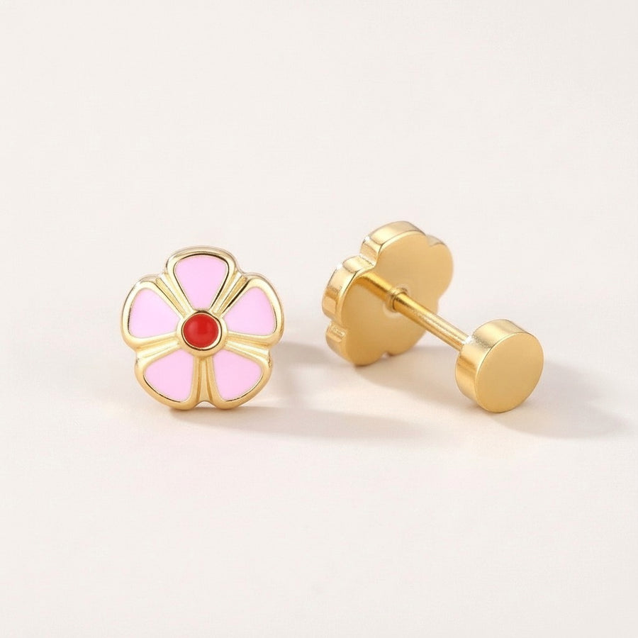 Petal Flower Flat Back Studs Gold: hypoallergenic kids' flat back stud earrings, shown front and side on a soft stone background