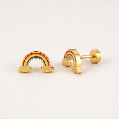 Rainbow Flat Back Studs Gold: hypoallergenic kids' flat back stud earrings, shown front and side on a soft stone background