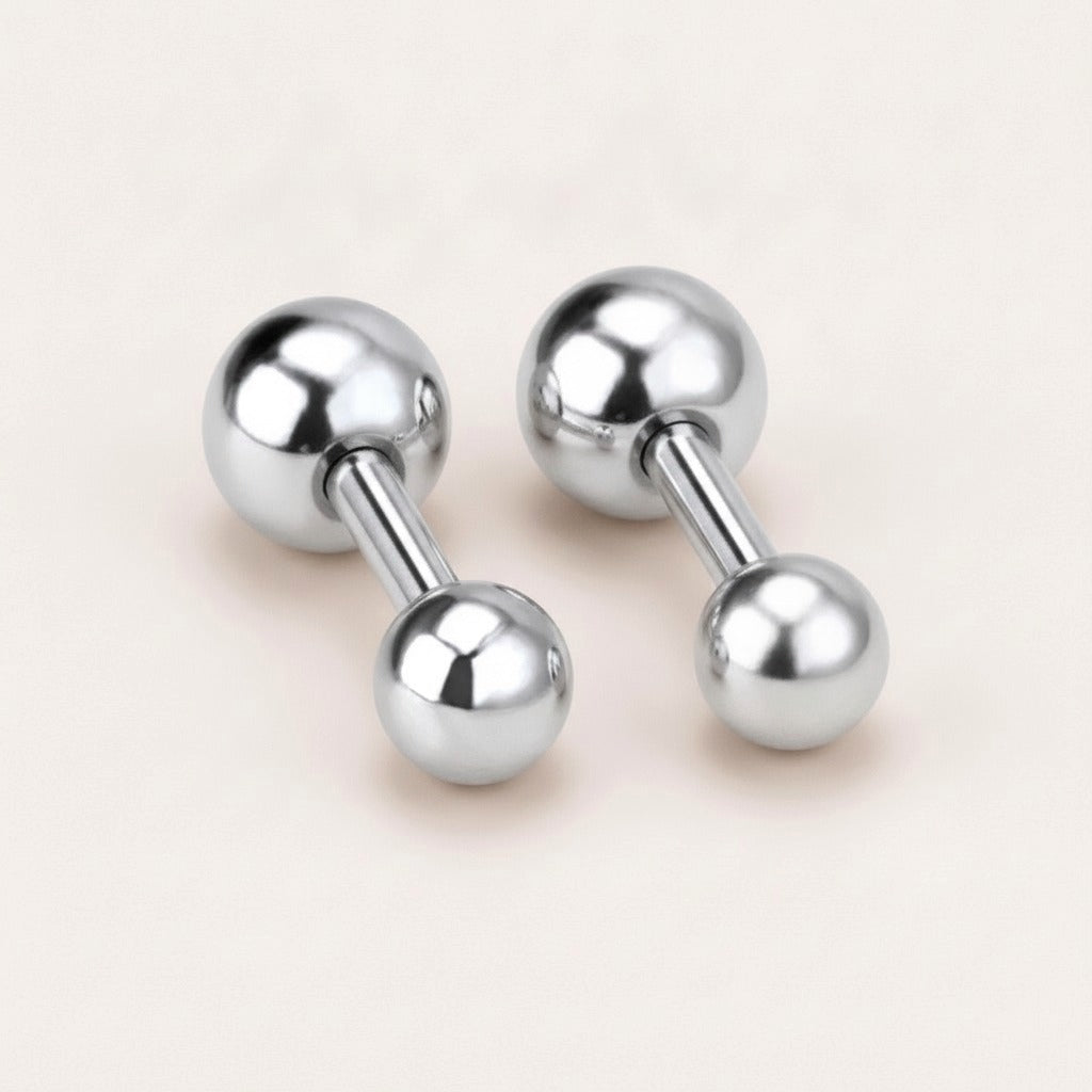 Screw Back Studs Silver: hypoallergenic kids' screw back stud earrings, shown front and side on a soft stone background