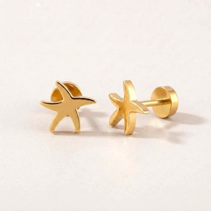 Starfish Flat Back Studs: hypoallergenic kids' flat back stud earrings, shown front and side on a soft stone background