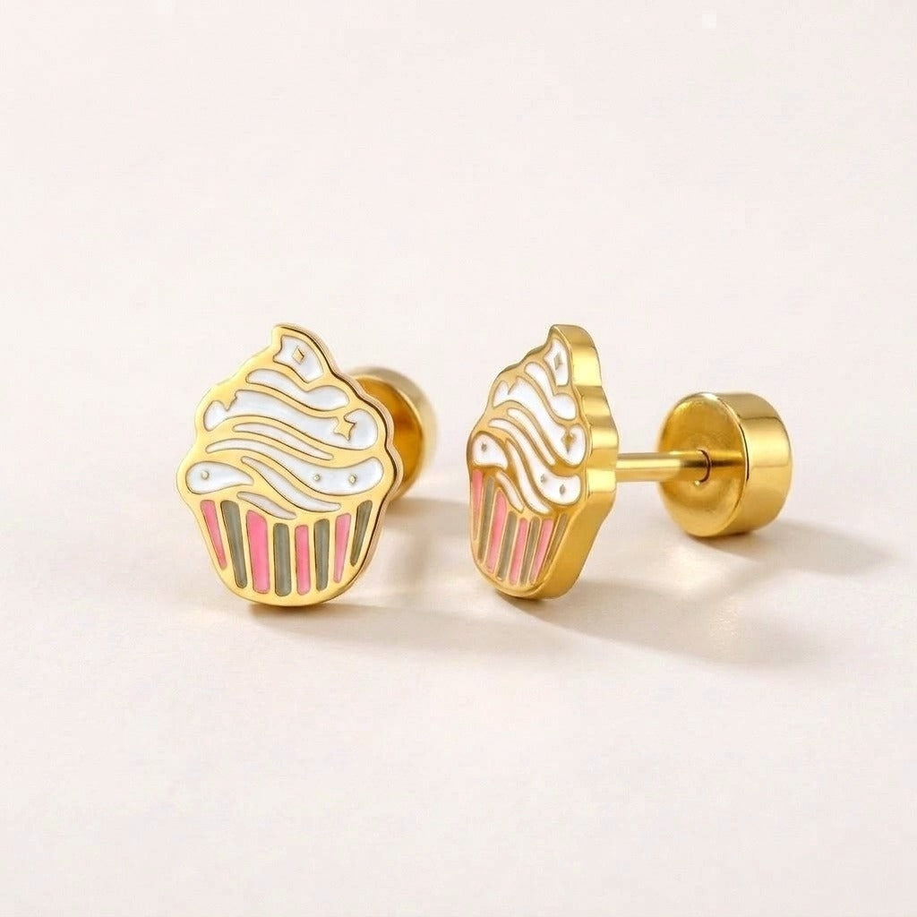 Sweet Treats Flat Back Studs: hypoallergenic kids' flat back stud earrings, shown front and side on a soft stone background