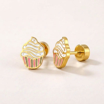 Sweet Treats Flat Back Studs: hypoallergenic kids' flat back stud earrings, shown front and side on a soft stone background